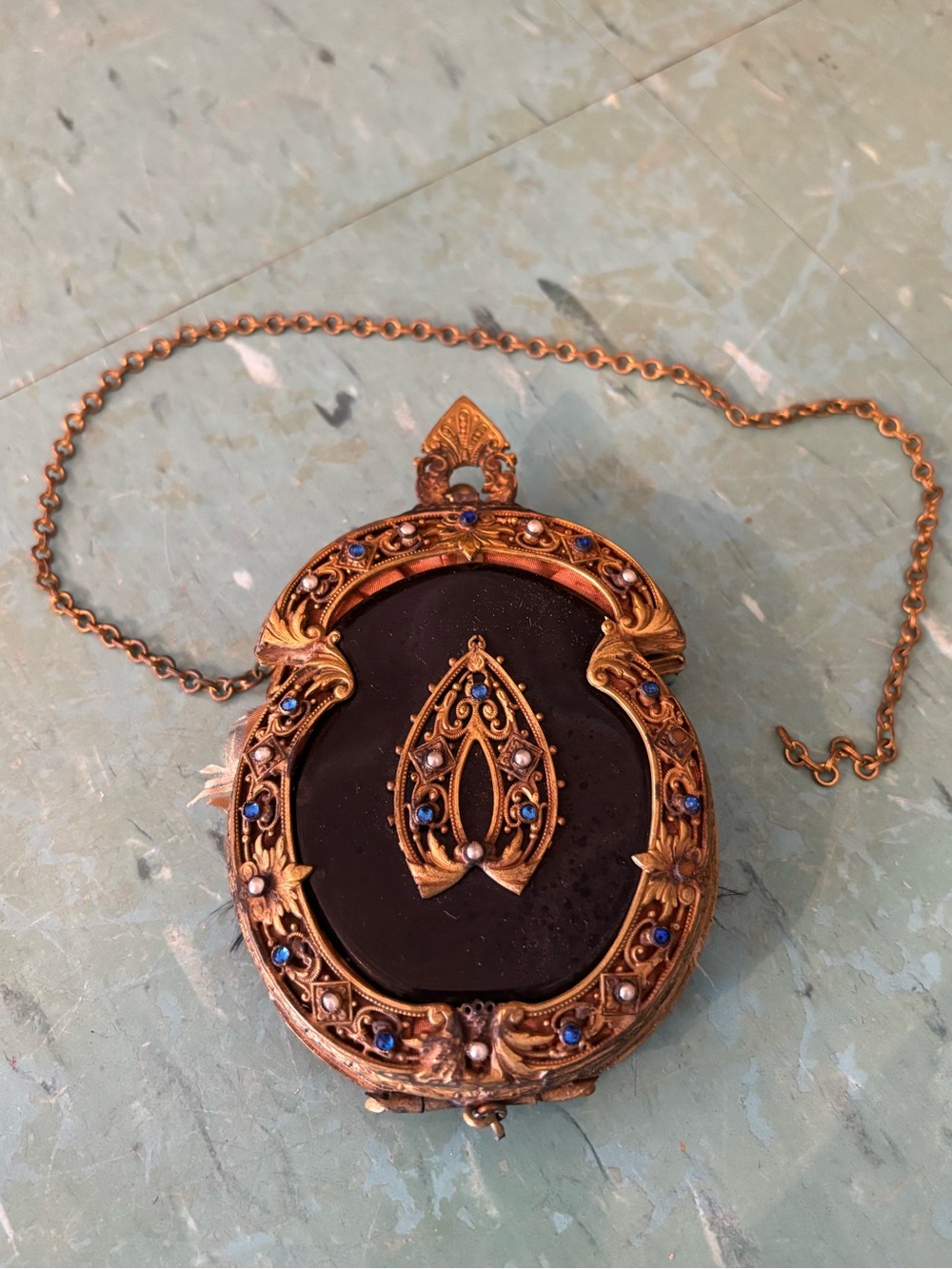 Antique Victorian dance compact chatelaine purse change purse mirror dance card